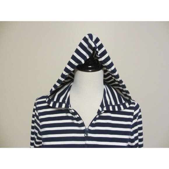 Lands End Navy & White Striped Hooded Drawstring Waist Robe With 3/4 Sleeves - Picture 2 of 10